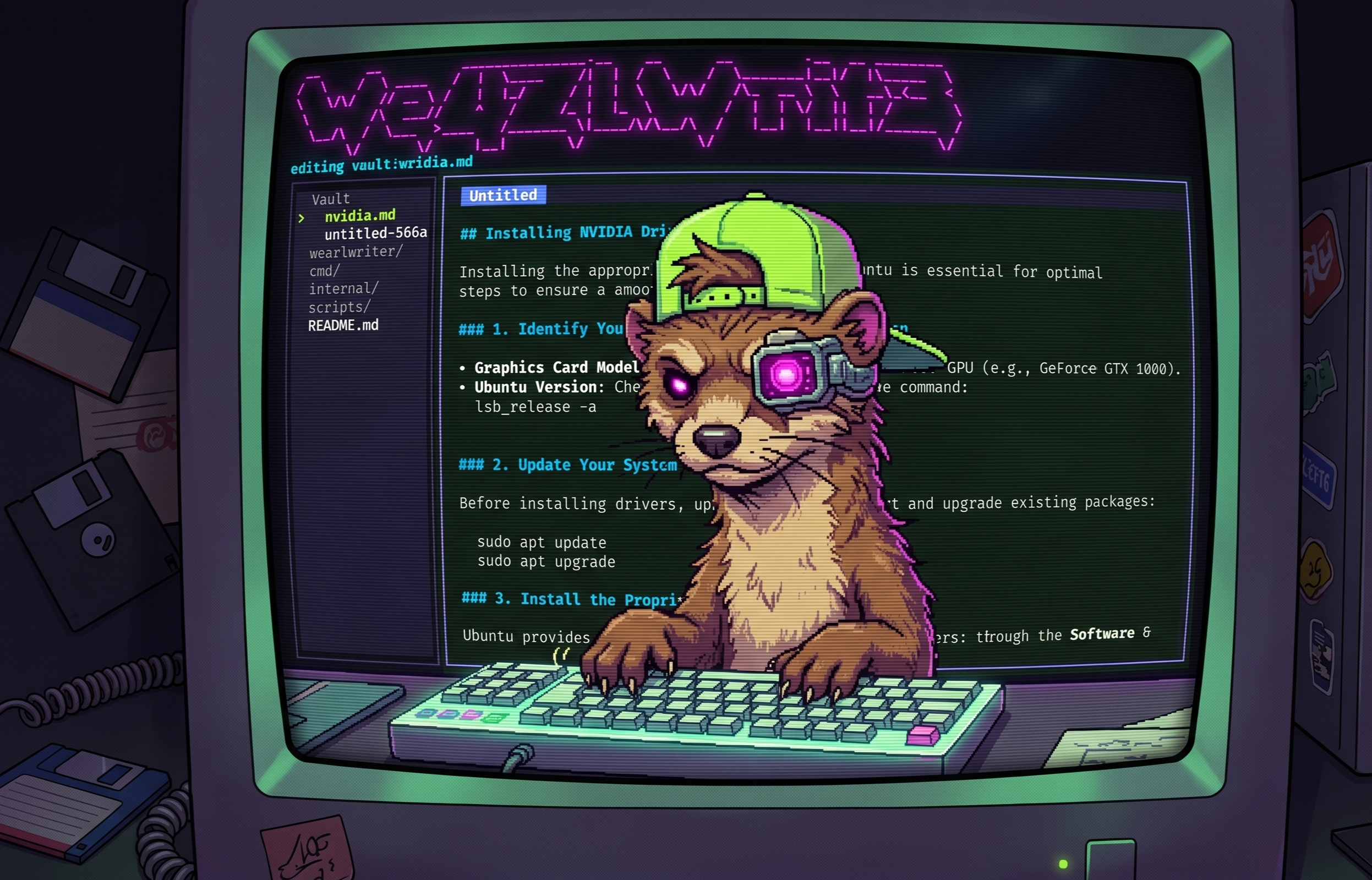 Weazl mascot using a retro terminal